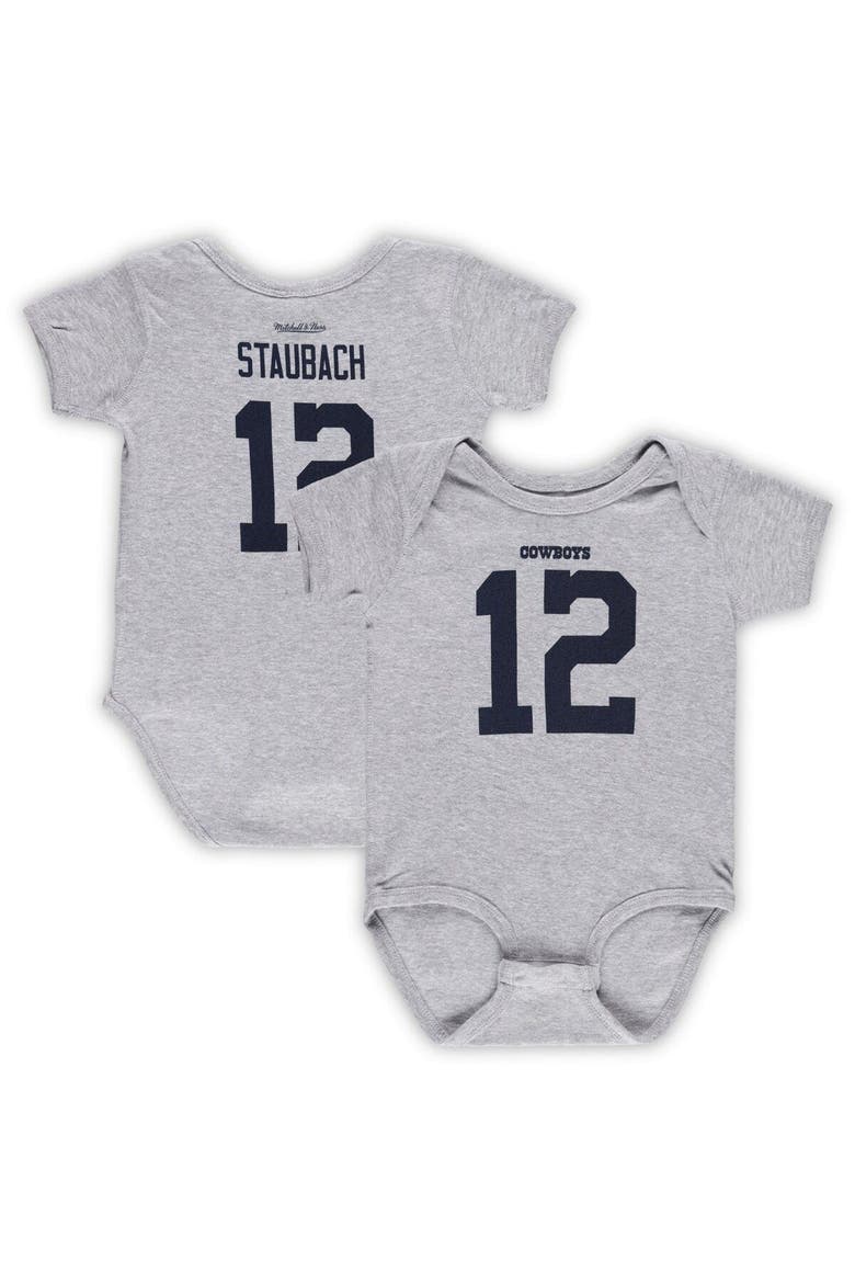 Infant Mitchell & Ness Roger Staubach Heathered Gray Dallas Cowboys Mainliner Retired Player Name & Number Bodysuit, Main, color, Heather Gray