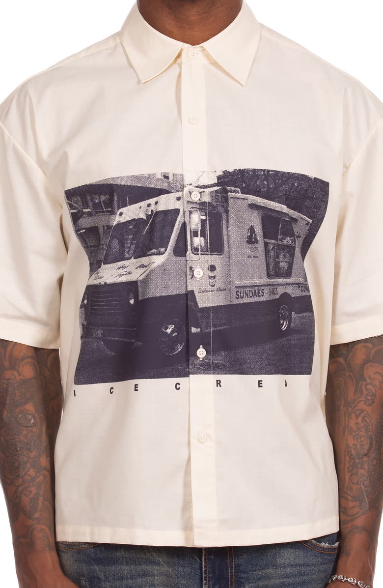 ICECREAM Truck Graphic Short Sleeve Button-Up Shirt, Alternate, color, Antique White