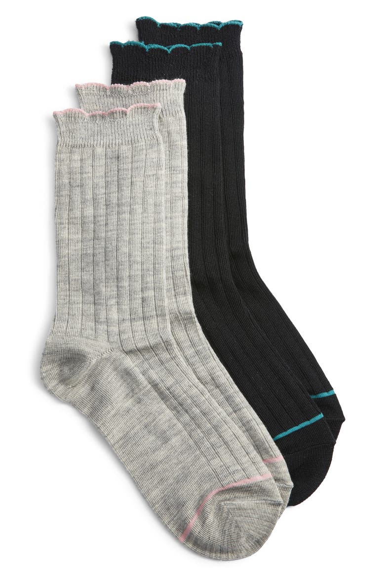 Assorted 2-Pack Scalloped Rib Crew Socks, Main, color, GREY