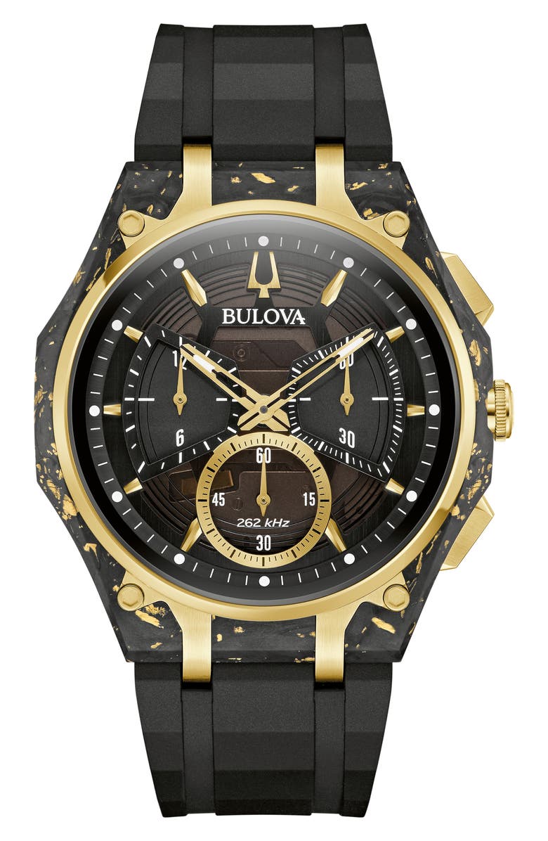 BULOVA CURV Forged Carbon Chronograph Rubber Strap Watch, 44mm, Main, color, Black