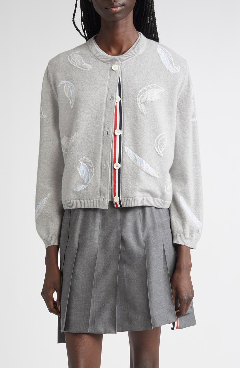 Thom Browne Feather Intarsia Cashmere Cardigan, Main, color, Pale Grey