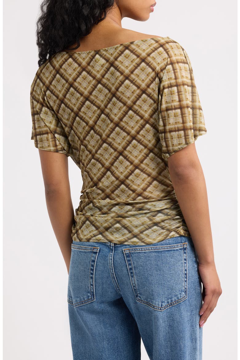 Slash Neck Ruched Mesh Top, Alternate, color, GREEN CHECK