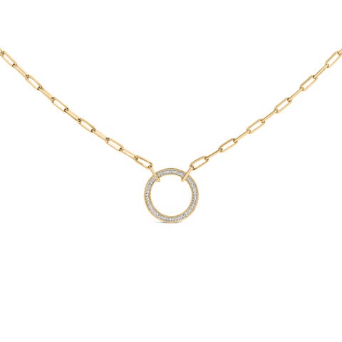 Gold Vermeil 1/10 Cttw Diamond Paperclip Chain Circle Pendant Necklace