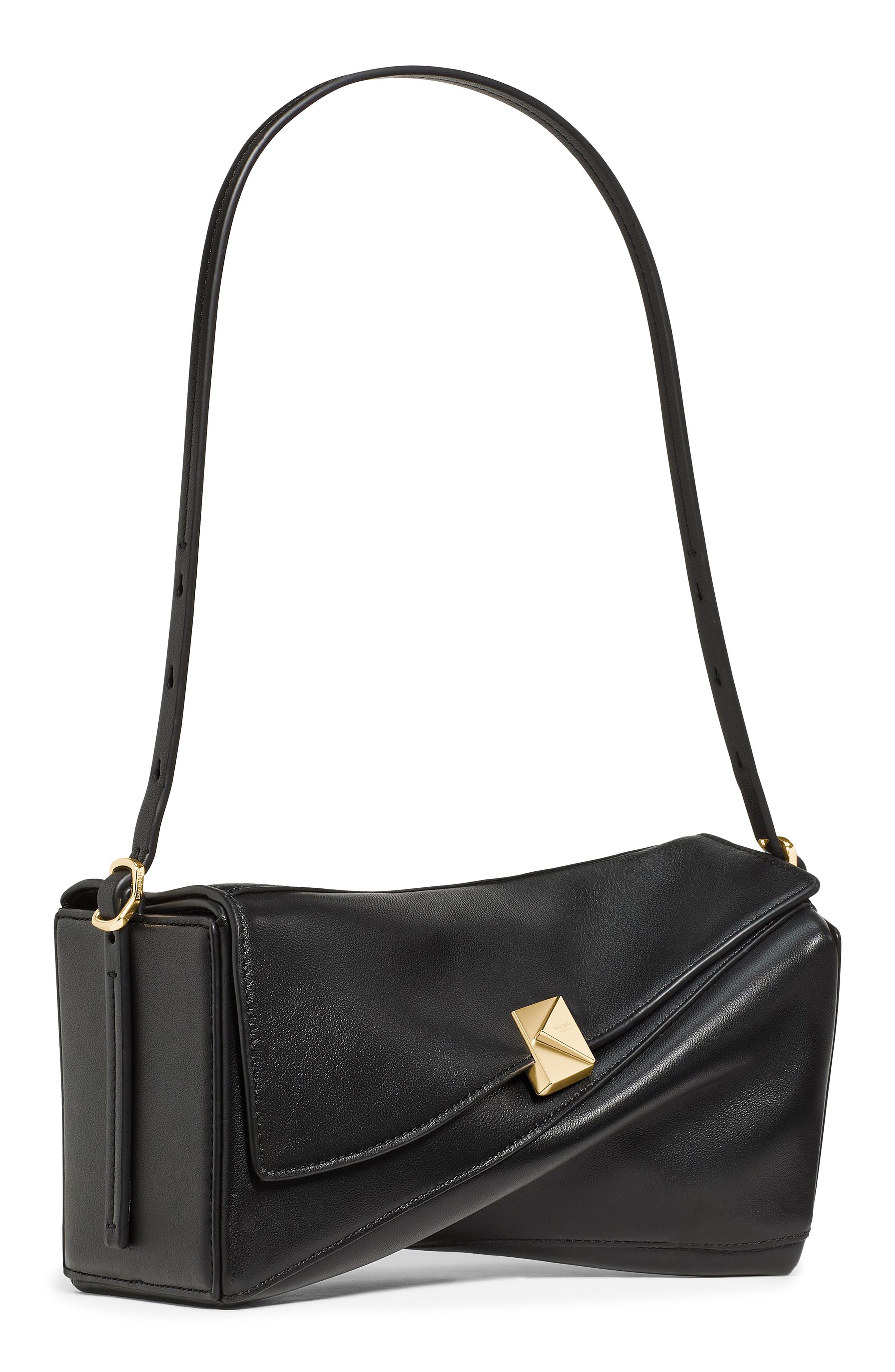 Deco Smooth Leather Twisted Flap Shoulder Bag, Alternate, color, BLACK