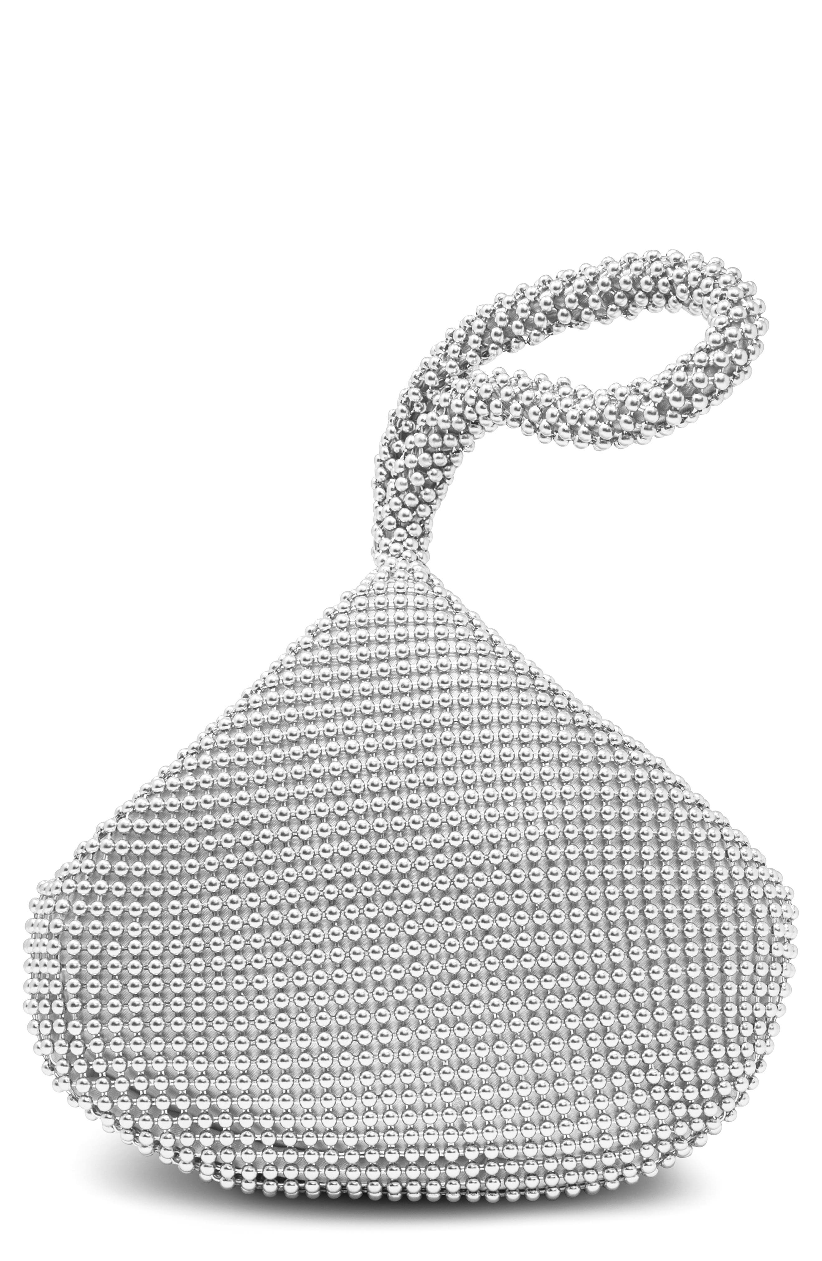 Jessica McClintock Staci Beaded Mesh Wristlet, Main, color, 42N Silver