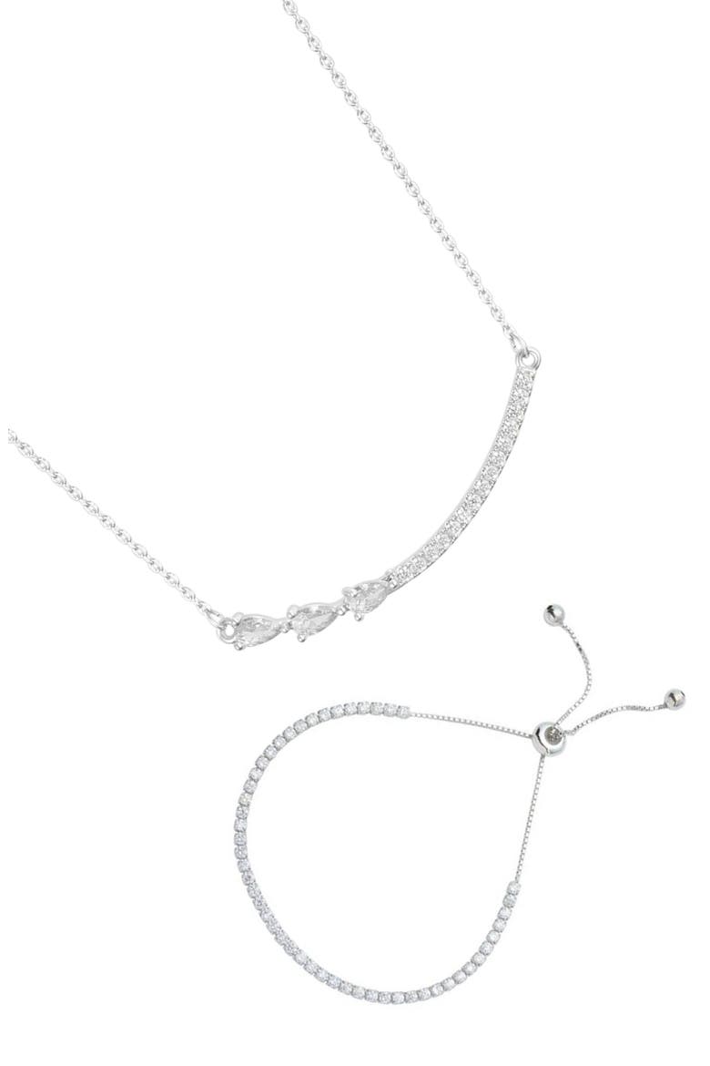 Curved Crystal Bar Slider Bracelet & Necklace Set, Main, color, SILVER