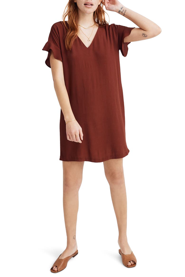 Ruffle-Sleeve Easy Dress, Main, color, RUSTED BURGUNDY