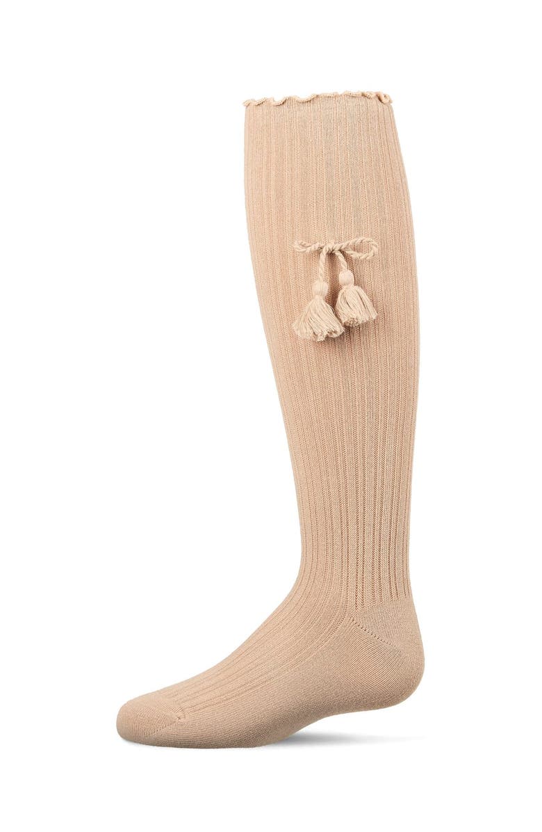 MeMoi Tassle-Bow-Trimmed Lettuce Edge Knee High Sock, Main, color, Latte