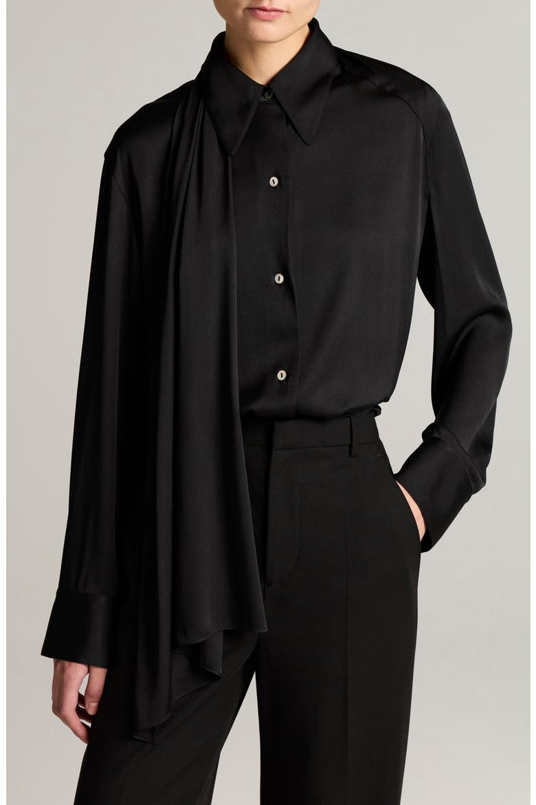 Scarf Detail Silk Blend Button-Up Shirt, Alternate, color, BLACK