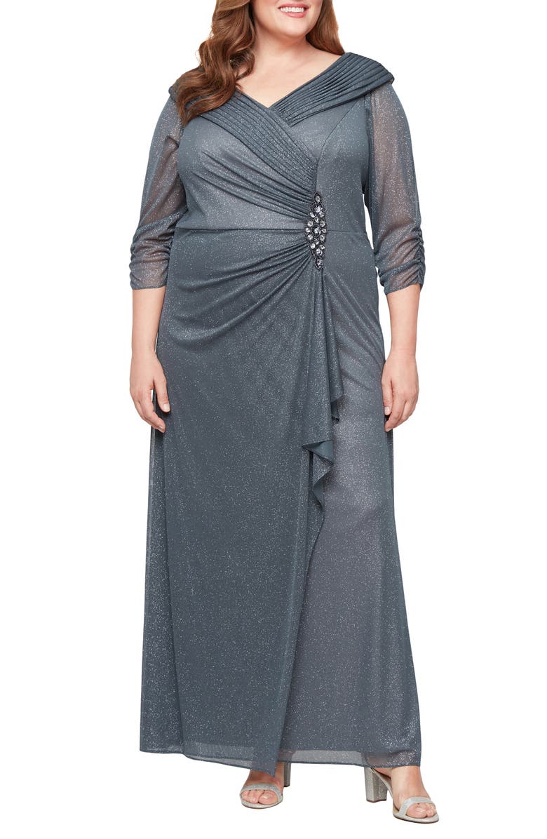 Alex Evenings Glitter Ruched Ruffle Gown, Main, color, Smoke