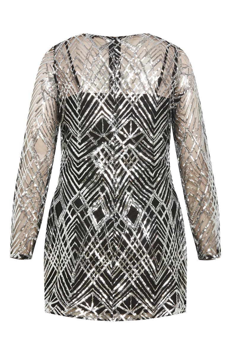 City Chic Braylin Long Sleeve Sequin Minidress, Alternate, color, Silver Geometric