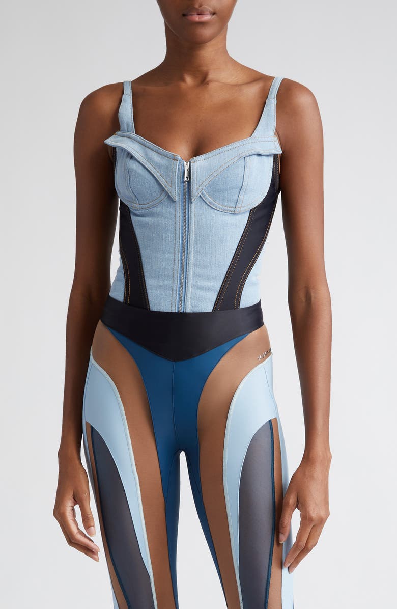 MUGLER Stretch Denim & Jersey Corset Bodysuit, Main, color, 