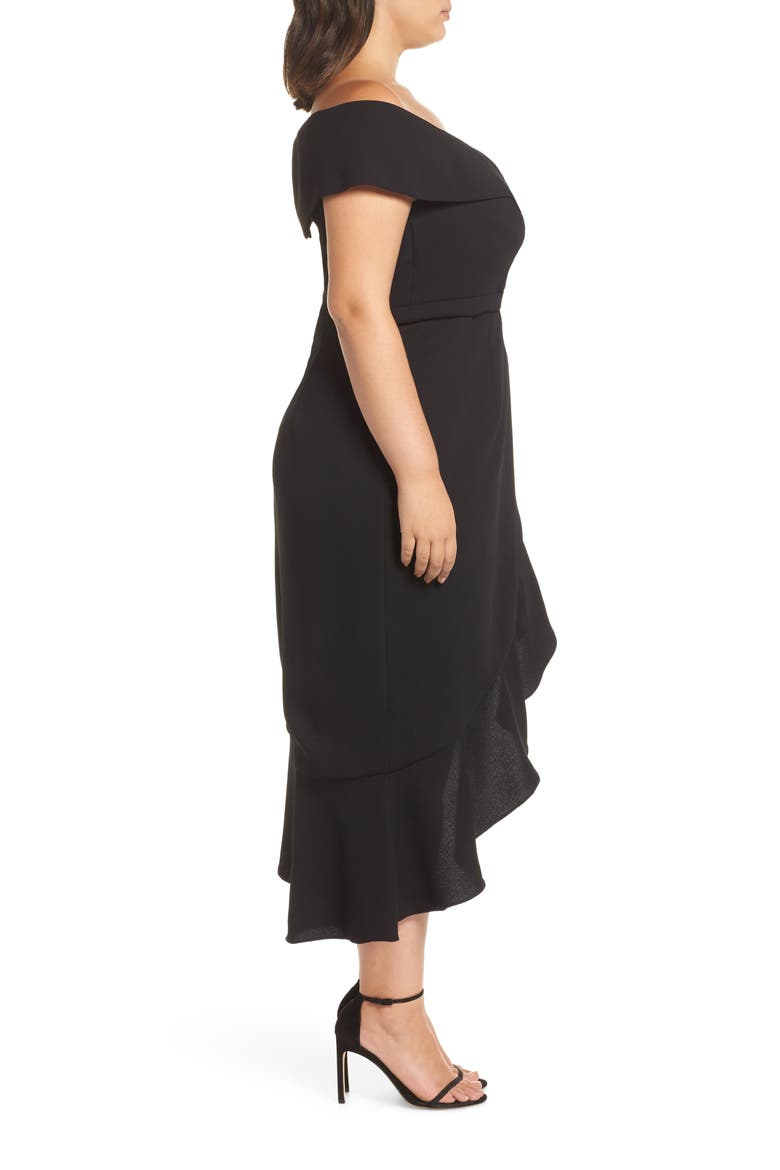 Xscape Off the Shoulder Ruffle Midi Dress, Alternate, color, BLACK