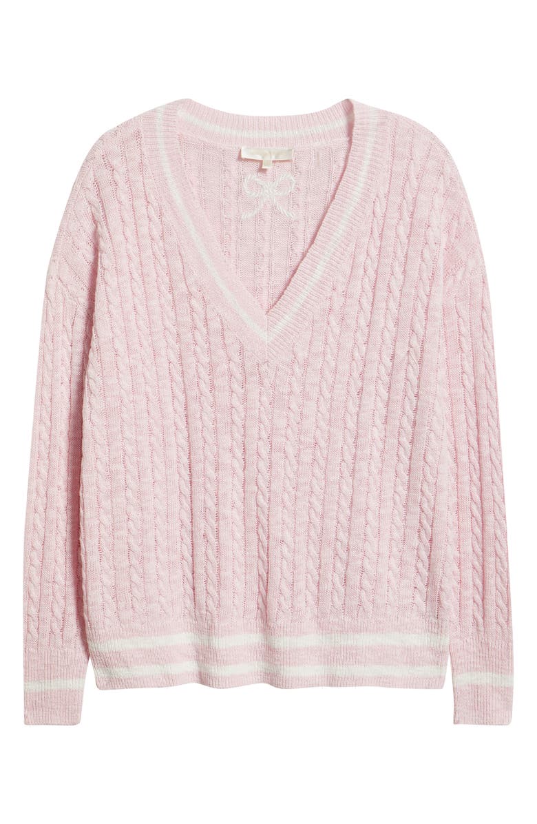 LoveShackFancy Jessanna Cotton & Linen Cable Knit Sweater, Main, color, Polo Blush
