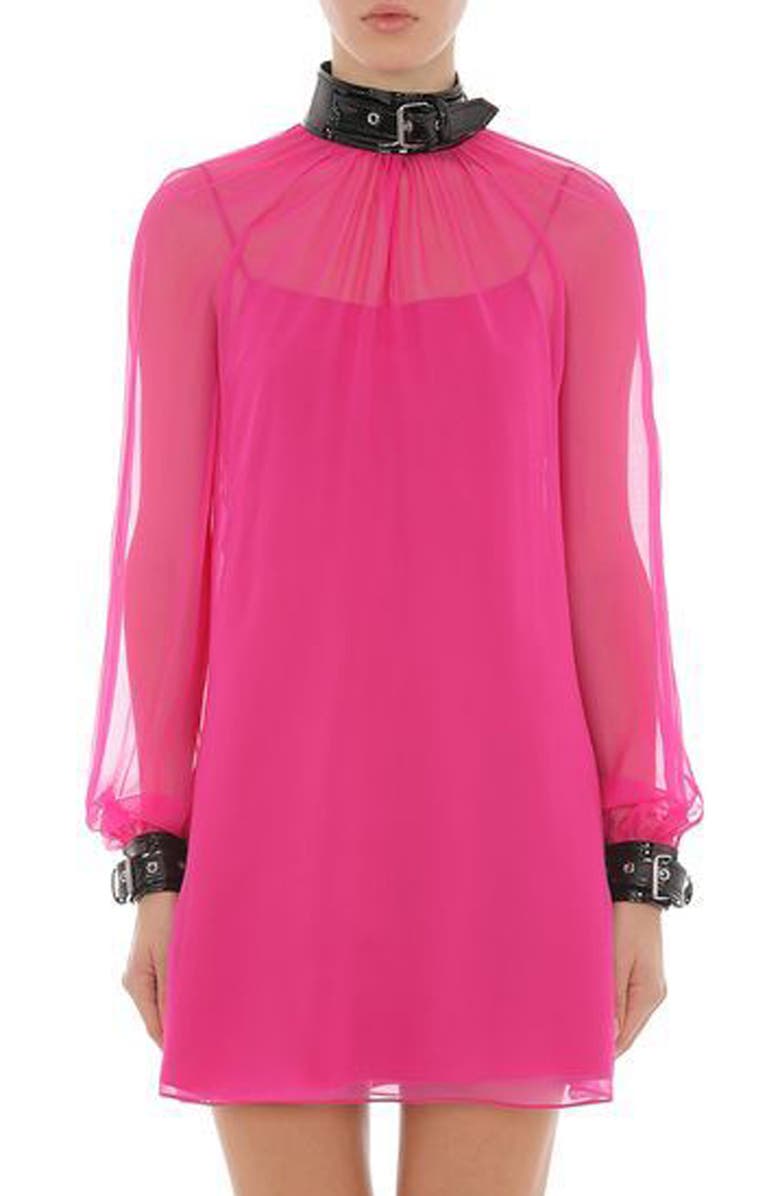 Moschino Belt Detail Long Sleeve Silk Chiffon Minidress, Main, color,