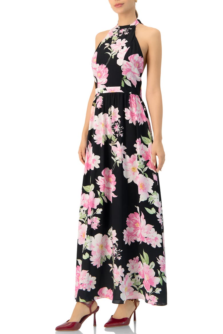 Floral Halter Neck Backless Maxi Dress, Alternate, color, Black