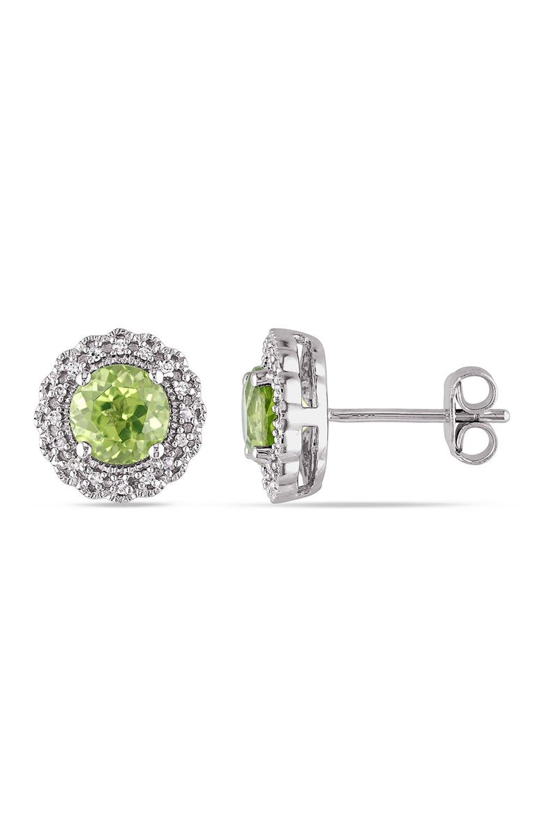 DELMAR Sterling Silver Round Cut Peridot & Pave Diamond Accented Halo Stud Earrings - 0.01 ctw, Main, color, 