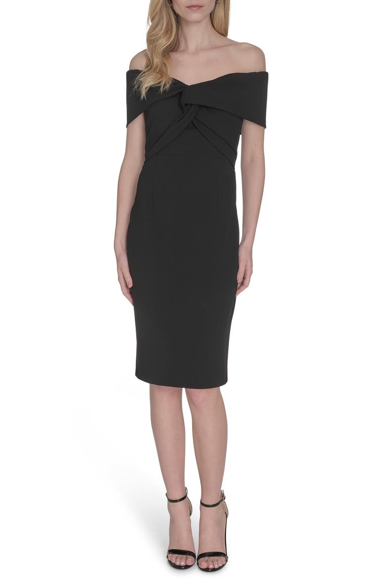 Off the Shoulder Scuba Crepe Cocktail Midi Dress, Main, color, BLACK
