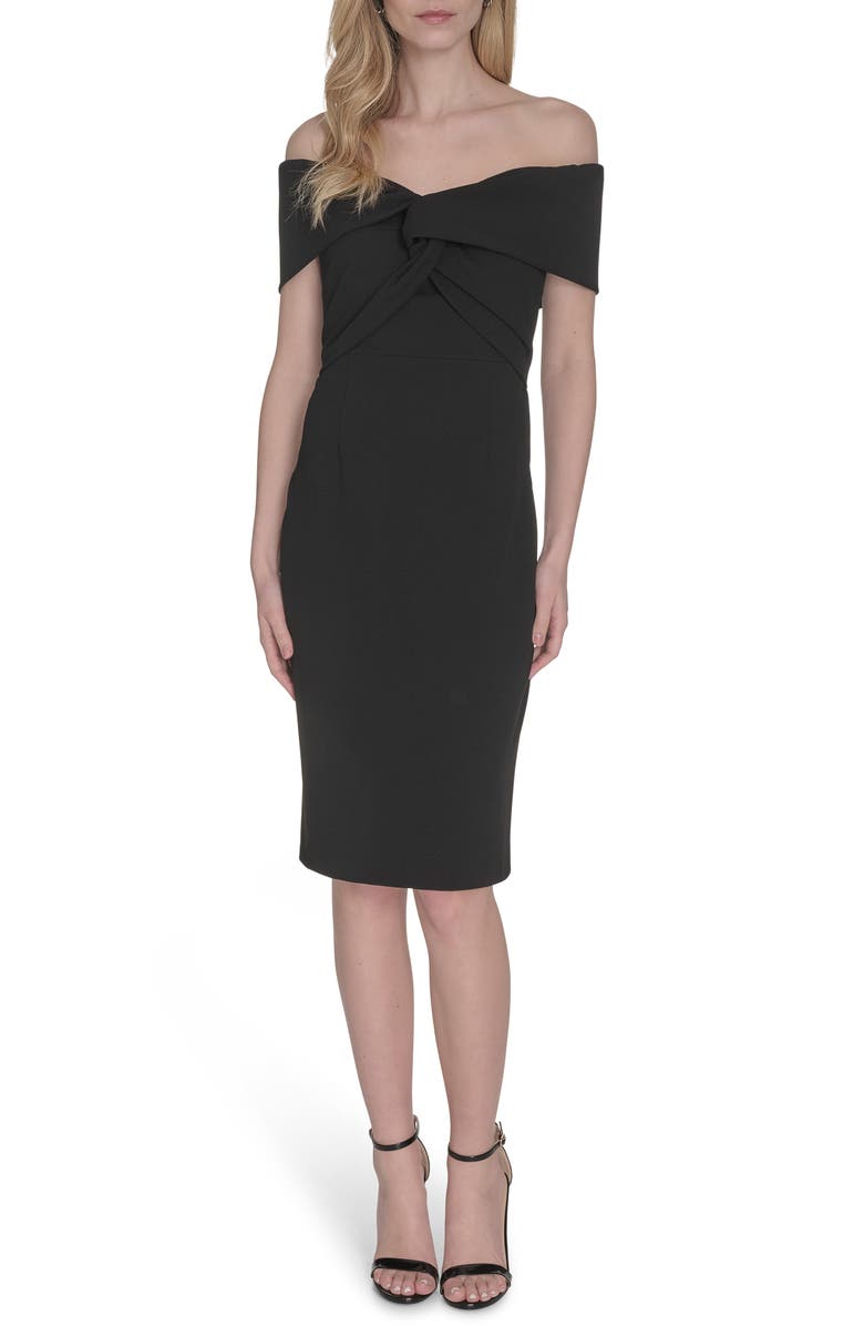Vince Camuto Off the Shoulder Scuba Crepe Cocktail Midi Dress, Main, color, Black
