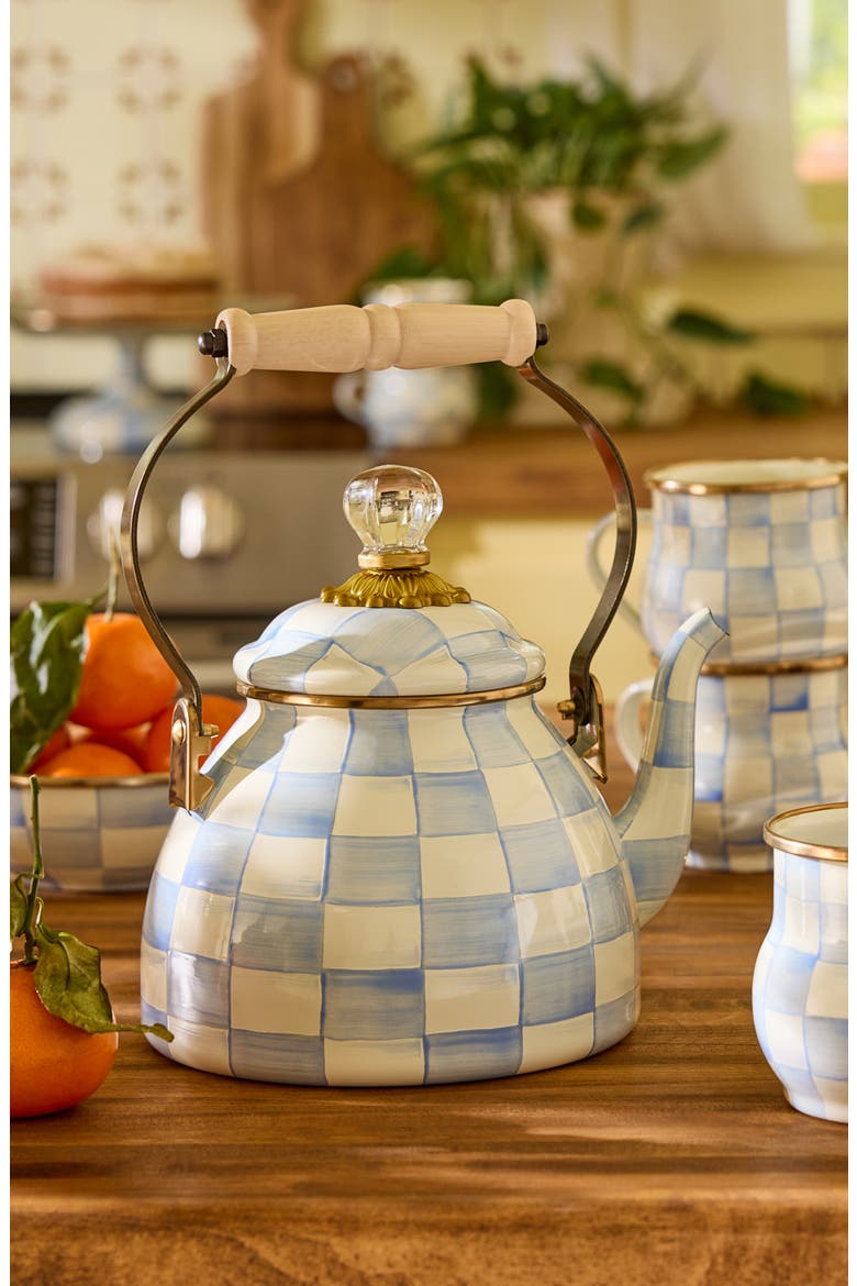 Sky Check Enameled Steel 2-Quart Tea Kettle, Alternate, color, SKY CHECK