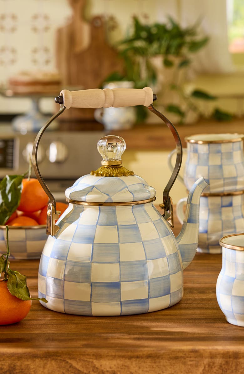 MACKENZIE CHILDS Sky Check Enameled Steel 2-Quart Tea Kettle, Alternate, color, Sky Check
