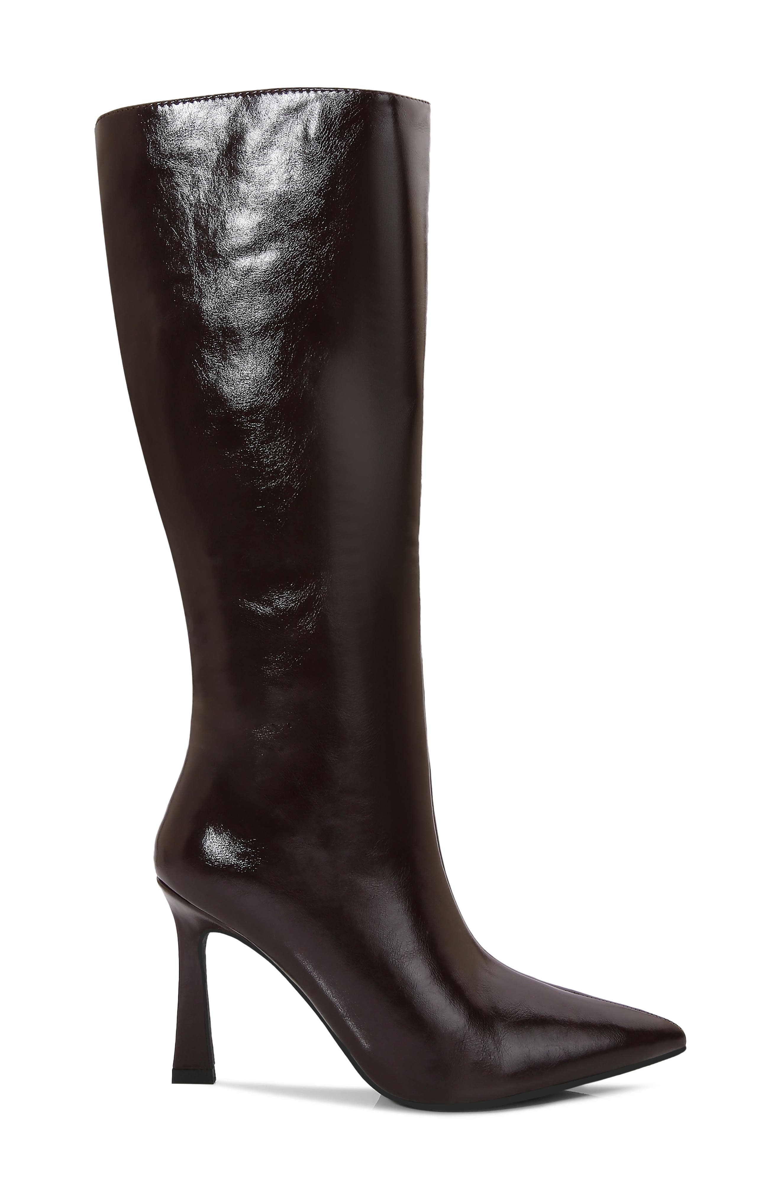 Babs Stiletto Knee High Faux Leather Boot, Alternate, color, BROWN
