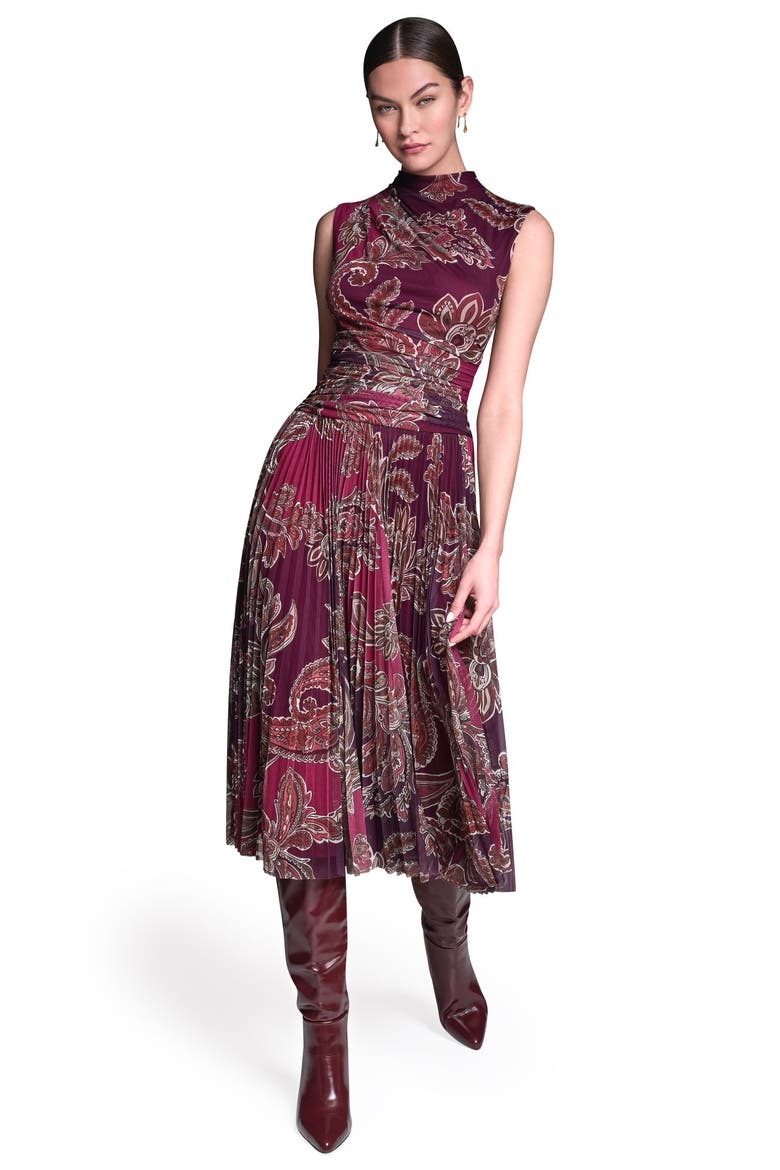 Sleeveless Paisley Printed Mesh Dress, Alternate, color, Deep Plum/Berry Multi