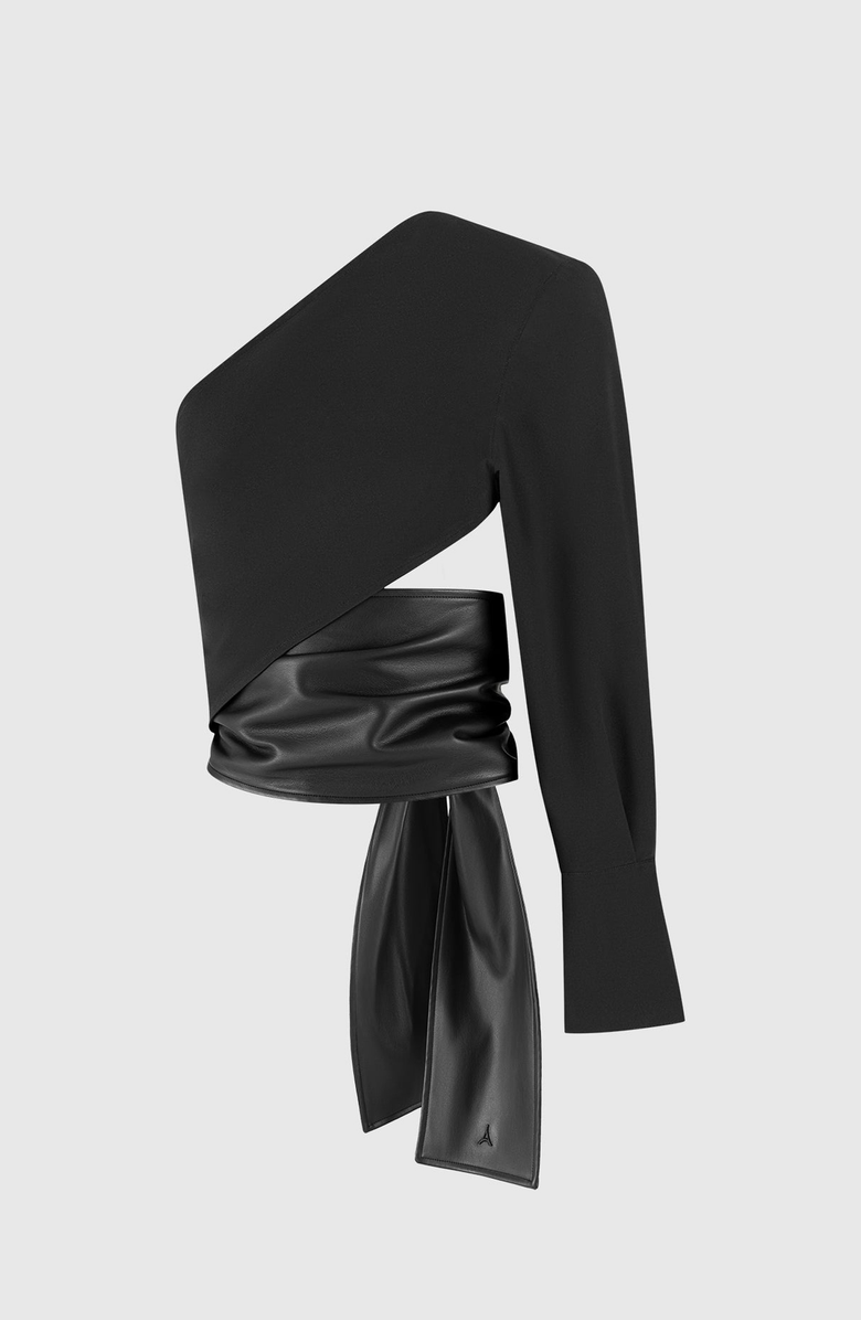 Manière De Voir Coralie One Sleeve Leather Wrap Top, Alternate, color, Black