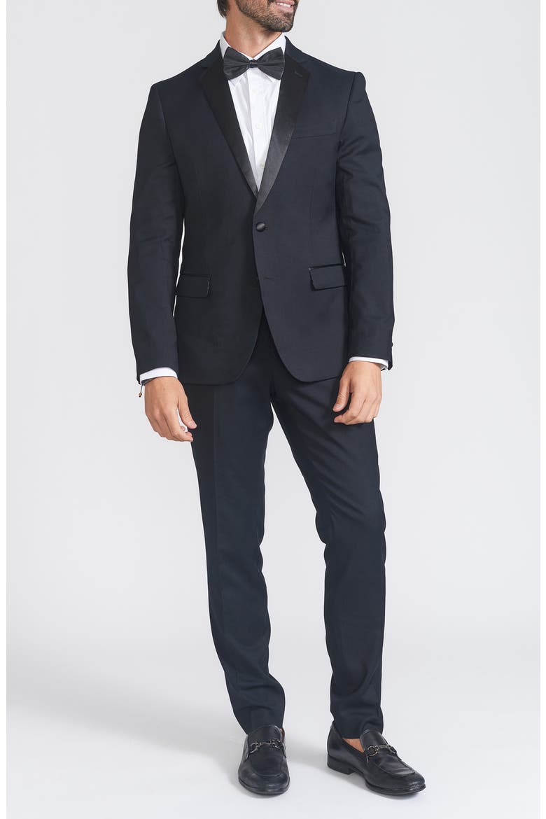 Slim Fit Satin Notch Lapel Tuxedo, Main, color, BLACK