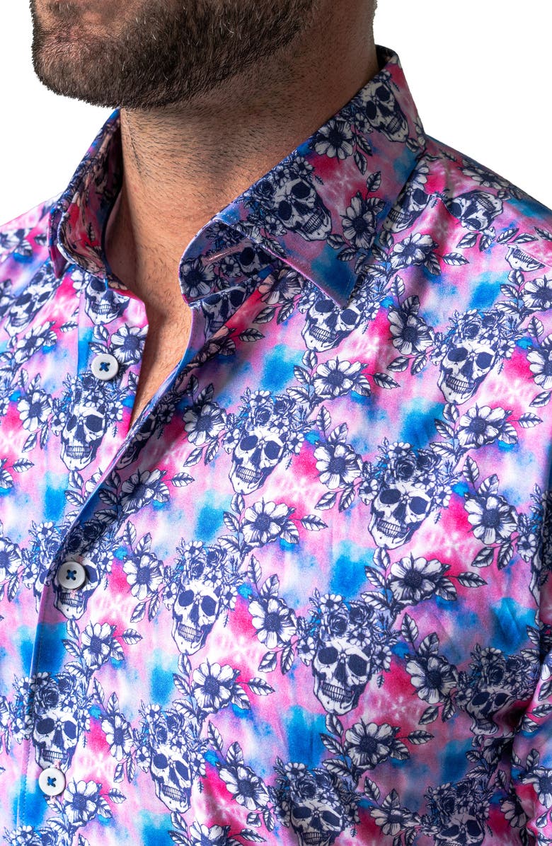 Maceoo Galileo Flower Skull Regular Fit Short Sleeve Button-Up Shirt, Alternate, color, Pink
