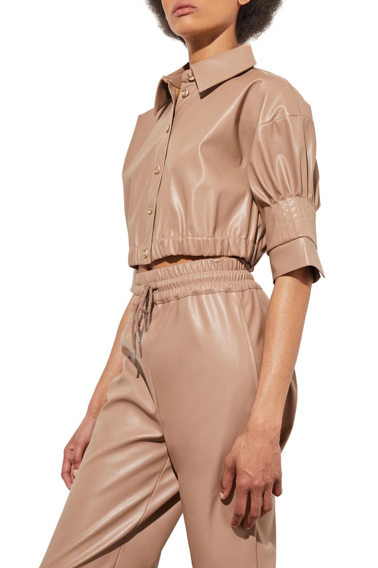 Faux Leather Crop Shirt, Alternate, color, JAVA