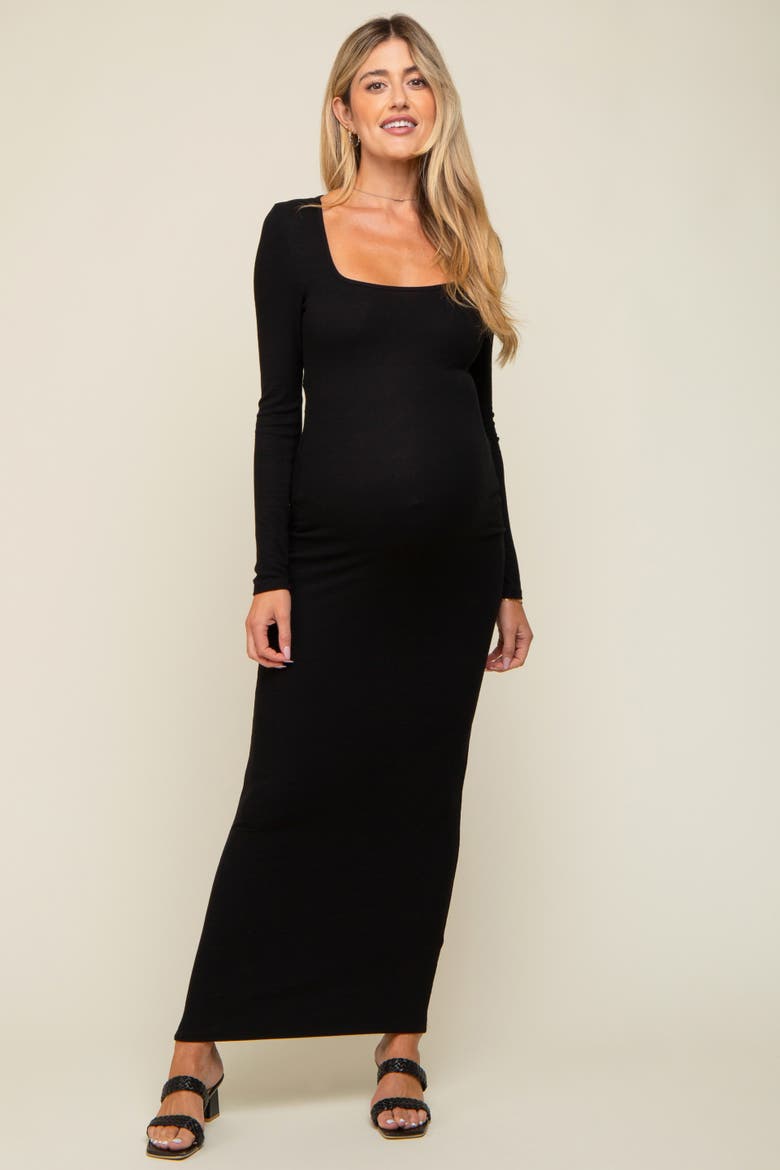 Ribbed Long Sleeve Square Neck Maxi Dress, Main, color, Black