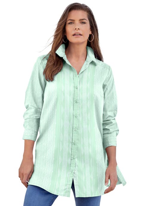 Kate Long-Sleeve Crisp Cotton-Blend Button-Front Tunic (Plus)