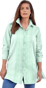Roaman's Kate Long-Sleeve Crisp Cotton-Blend Button-Front Tunic