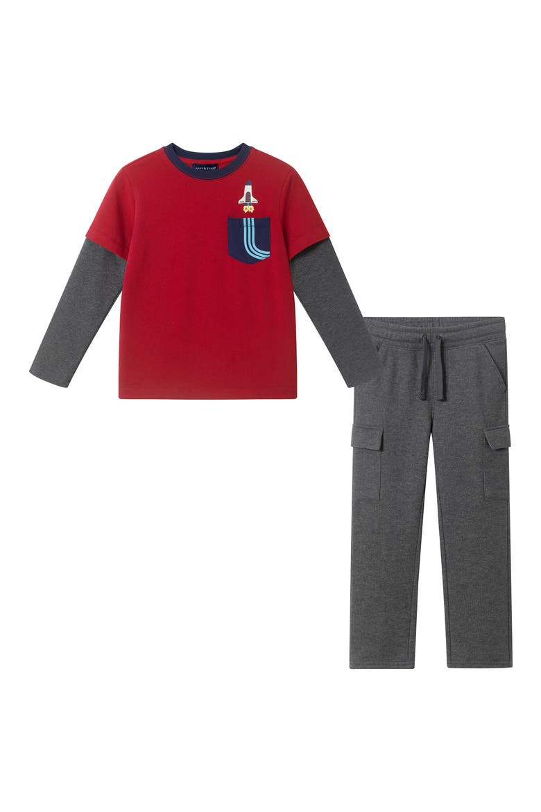 Kids' Spaceship Long Sleeve Pocket T-Shirt & Cargo Sweatpants Set, Main, color, RED