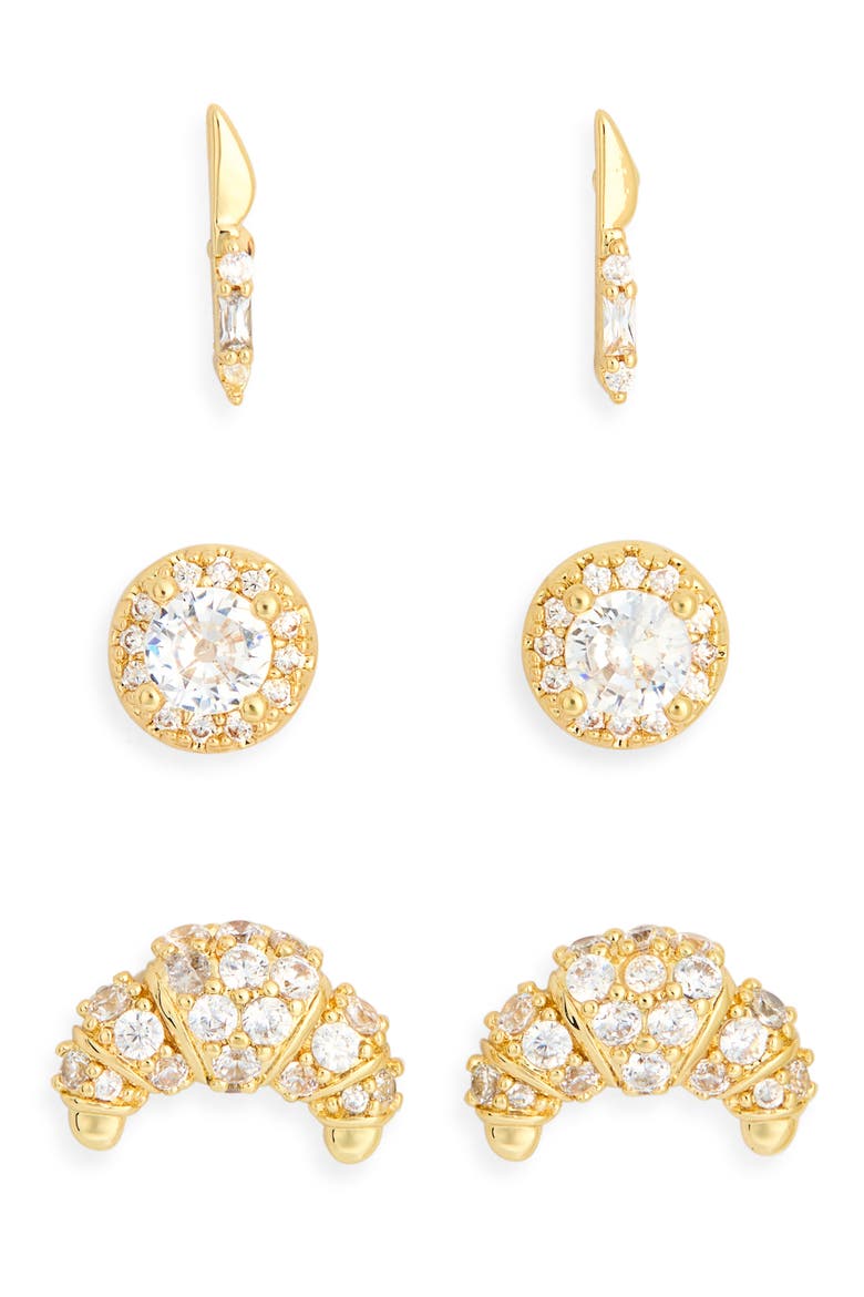 Set of 3 Cubic Zirconia Croissant Stud Earrings, Alternate, color, CLEAR- GOLD