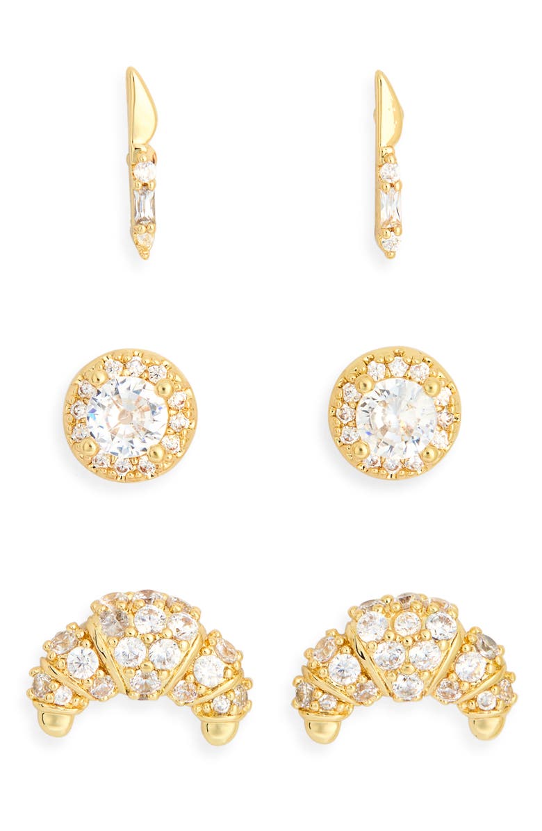 Leith Set of 3 Cubic Zirconia Croissant Stud Earrings, Alternate, color, Clear- Gold