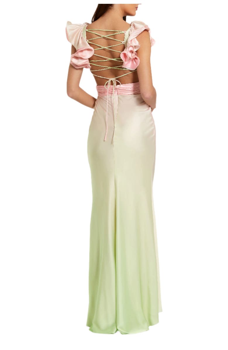 Mac Duggal Charmeuse Ombre Gown with Ruffle Straps and Crossover Bodice, Alternate, color, Pink Lemonade