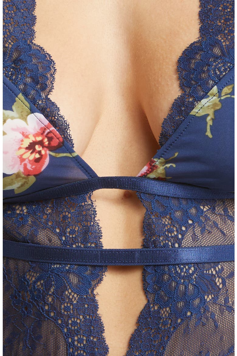 Naeva Floral Print Lacy Teddy, Alternate, color, ESTATE BLUE SCATTERED ROS