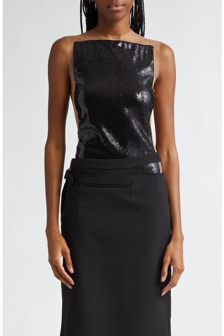 Frame Illusions Inset Sequin Bodysuit (Nordstrom Exclusive), Main, color, SAND / BLACK