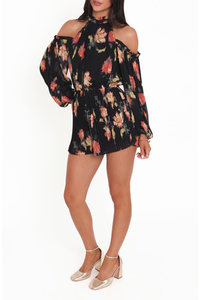 Hillary Floral Cold Shoulder Long Sleeve Romper, Alternate, color, BLACK FLORAL