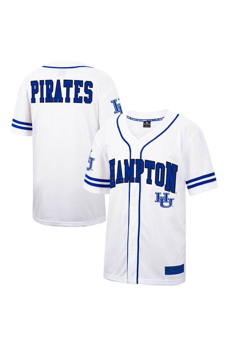 Men's Colosseum White Hampton Pirates Free Spirited Mesh Button-Up Baseball Jersey, Main, color, White