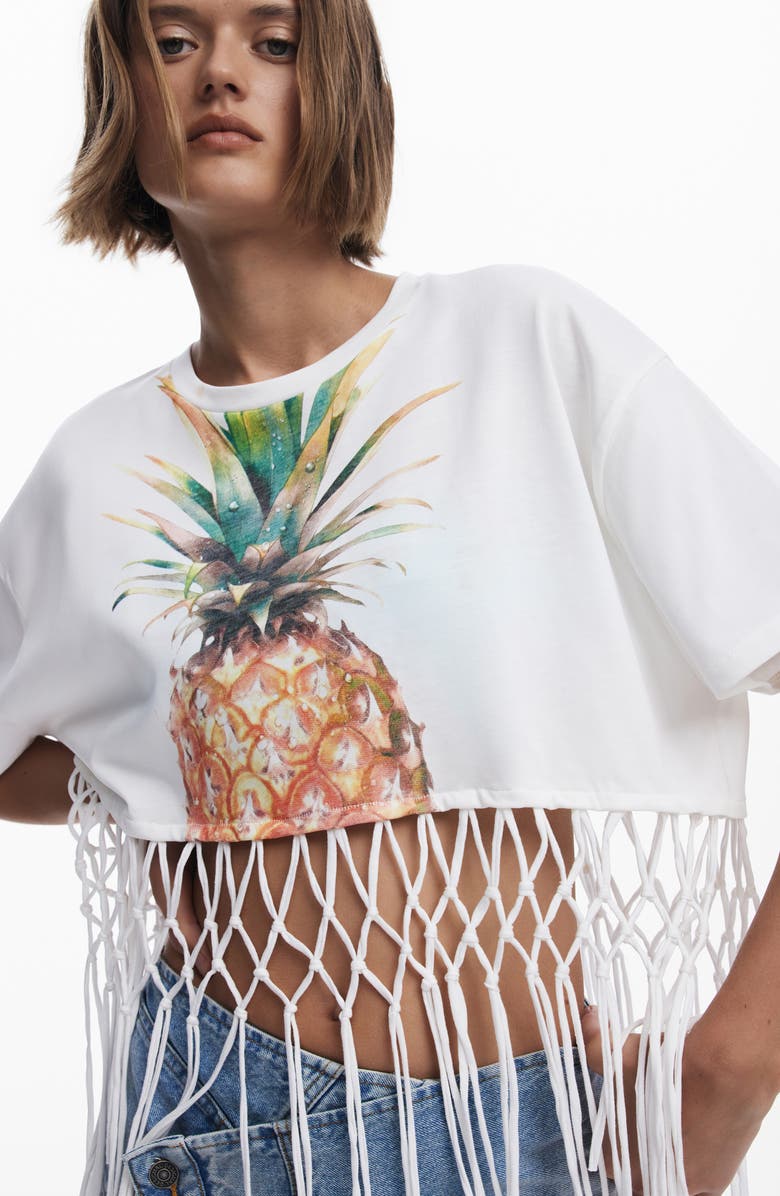 Desigual Braided Fringe Crop Graphic T-Shirt, Alternate, color, White Multi