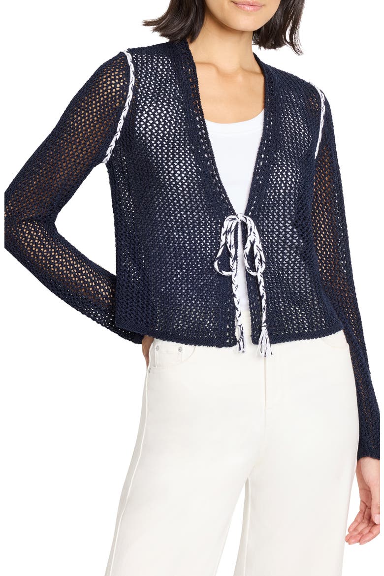 Tie Front Open Stitch Cotton Blend Cardigan, Main, color, DARK INDIGO