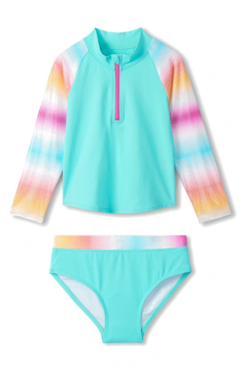 Hatley Kids' Turquoise Shimmer Long Sleeve Rashguard Two-Piece Swimsuit, Main, color, Turquoise