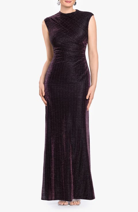 Metallic Crinkle Ruched Gown