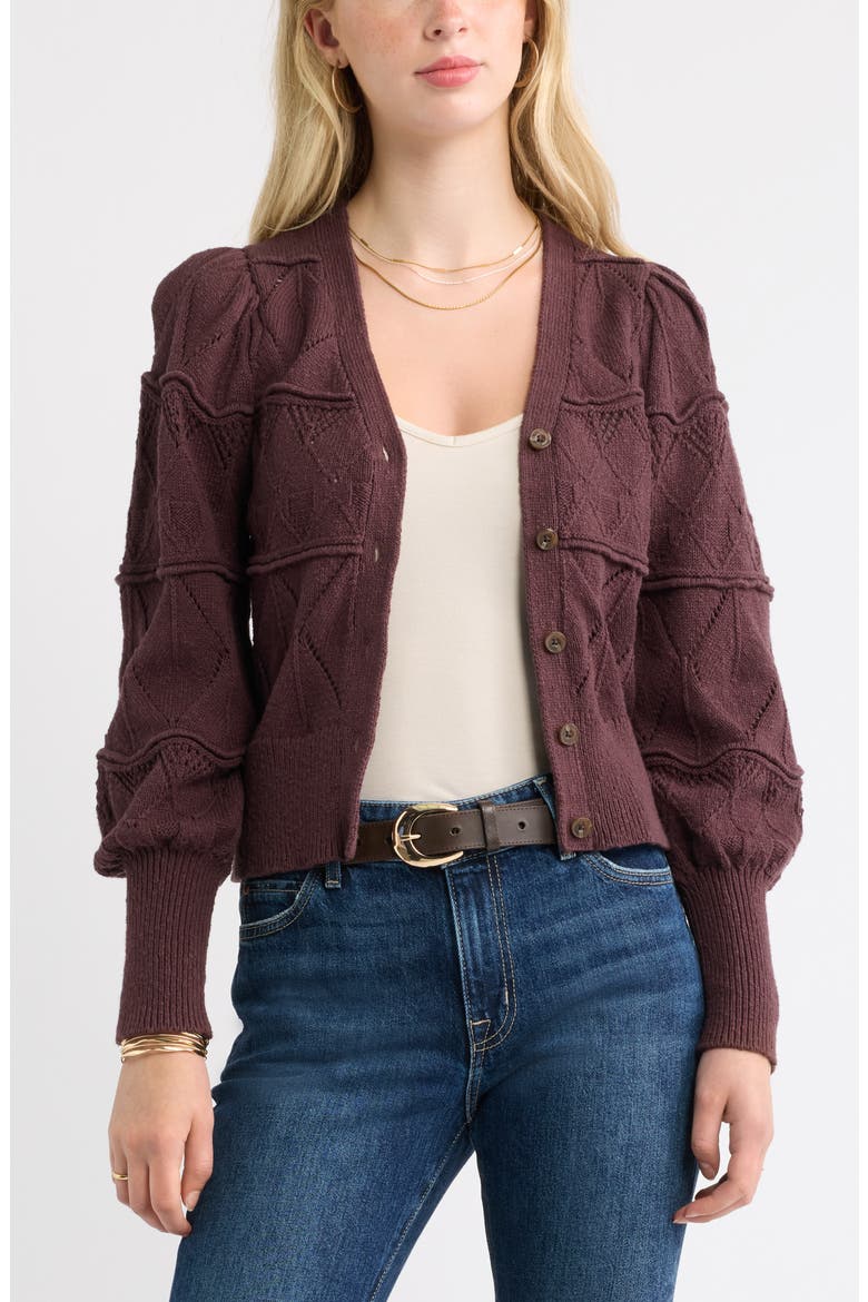 Pointelle Knit Button Front Cotton Cardigan, Alternate, color, BURGUNDY FUDGE