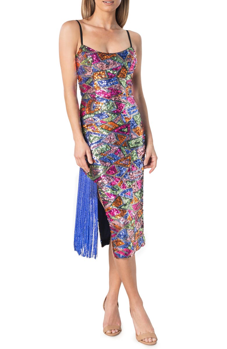 Dress the Population Rory Sequin Fringe Midi Dress, Main, color,