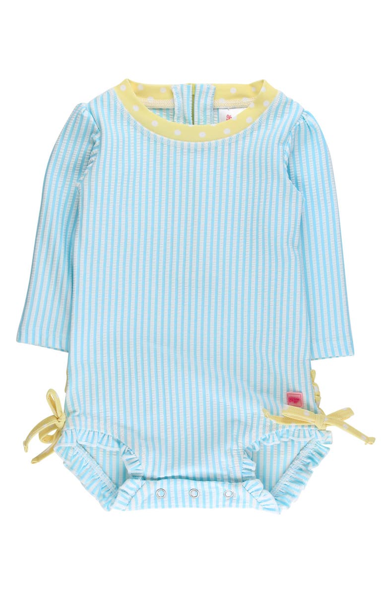 RuffleButts Girls Seersucker Long Sleeve UPF50+ One Piece Rash Guard, Main, color, Blue Breeze Seersucker