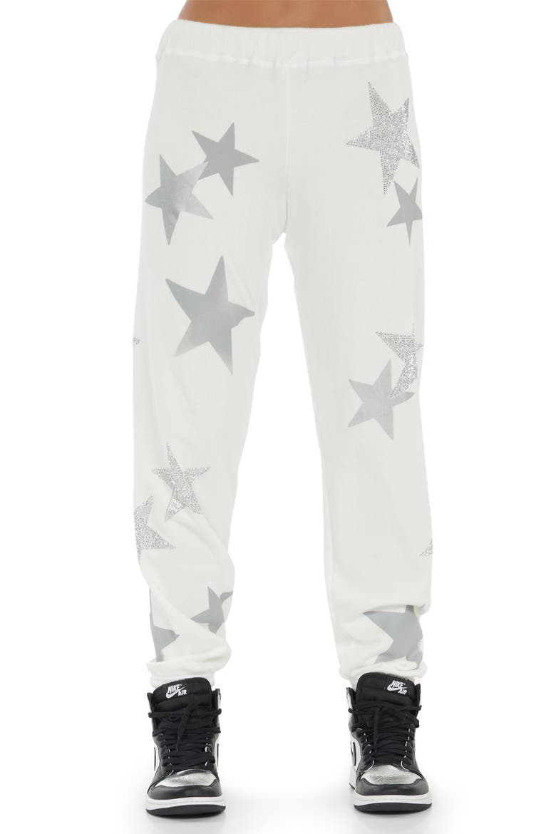 Gia Crystal Multi Stars Sweatpants, Alternate, color, Faded White